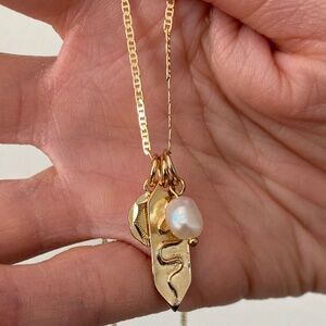 Vanessa Mooney pearl dainty charm necklace snake charm necklace gold jewelry